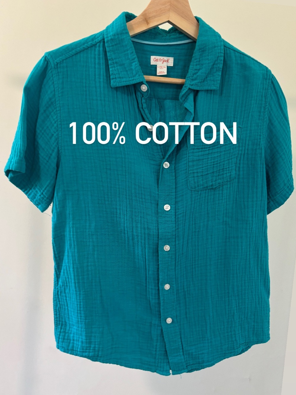 Cat & Jack Teal Short-Sleeve Cotton Gauze Shirt | Size Large